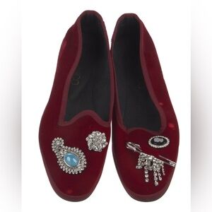Giannico Velvet Flats Crystal Embellishments Chic Red Velvet Women's Loafers